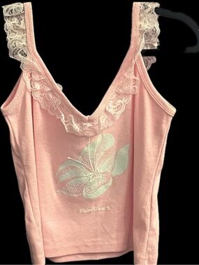 Palm Beach Florida Pink Blue floral Lace ruffle Tank Top Cami Cropped crop shirt